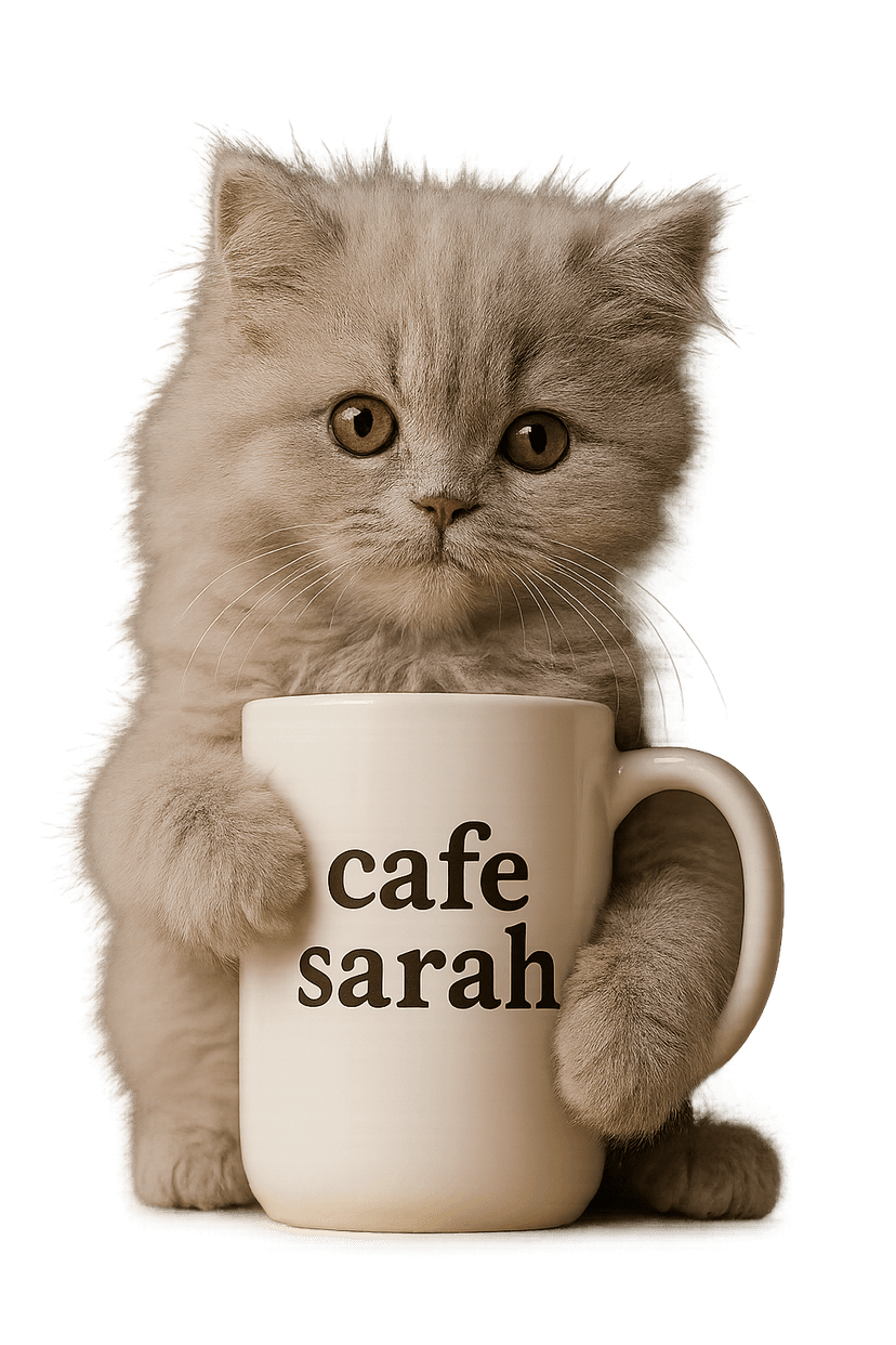 Mango the cat holding a coffee mug